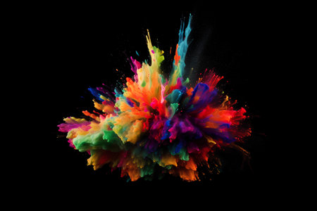 Colorful explosion of paint isolated on black background. Abstract colored backgroundの素材