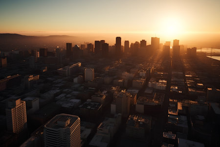 Aerial view of modern city at sunset. 3D Renderingの素材
