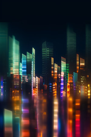 abstract night city background with skyscrapers and lights, 3d renderの素材