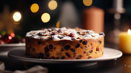 Christmas cake with raisins and icing sugar on a dark backgroundの素材