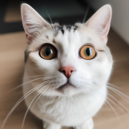 Portrait of a white cat with yellow eyes on the floor.の素材