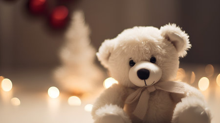 Teddy bear with christmas tree and lights bokeh backgroundの素材