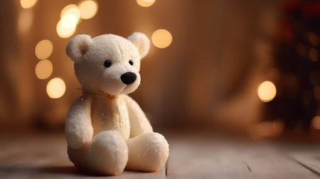 Teddy bear on a wooden background with bokeh. Christmas background.の素材