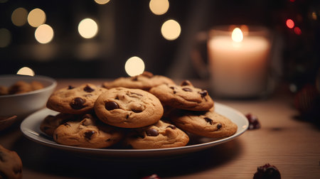 Chocolate chip cookies on a plate on a wooden table in front of a burning candleの素材