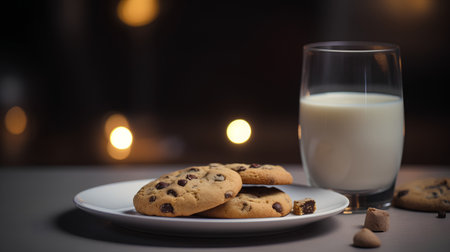 Chocolate chip cookies and a glass of milk on a dark backgroundの素材