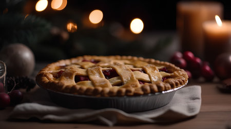 Cherry pie in a baking dish on a wooden table with Christmas decorationの素材