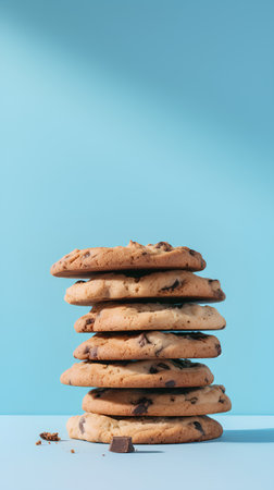 Stack of chocolate chip cookies on blue background. Minimal food concept.の素材