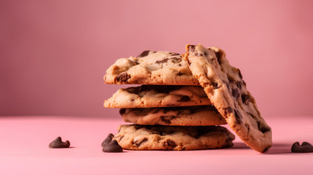 Chocolate chip cookies on pink background. Sweet food concept. Copy space.の素材