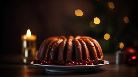 Christmas bundt cake with cranberries and chocolate on a wooden tableの素材