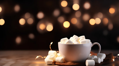 Cup of hot cocoa with marshmallows on blurred lights backgroundの素材