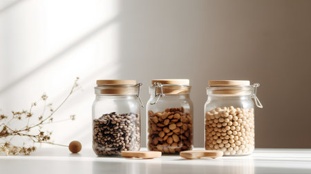 Glass jars with different types of beans on white table. Copy space.の素材