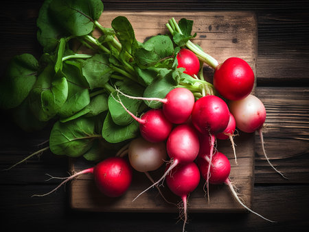 Fresh radishes on a cutting board on a wooden background. Toned.の素材