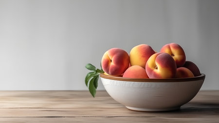 Fresh peaches in a bowl on a wooden table with copy spaceの素材