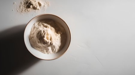 Flour in a bowl on a white background. Top view.の素材