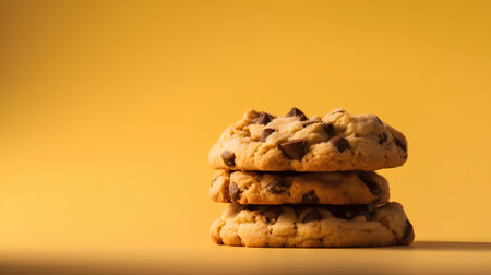 Chocolate chip cookies on a yellow background. Close up. Copy space.の素材