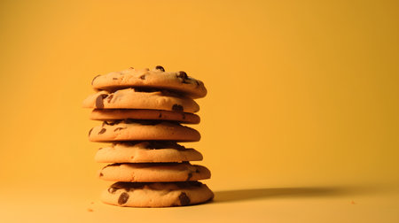 Stack of chocolate chip cookies on yellow background. Selective focus.の素材
