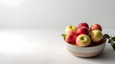 Bowl with fresh apples on a white background with copy space.の素材