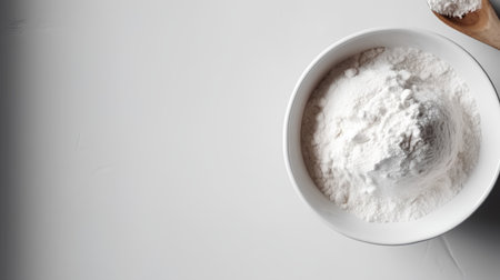 Flour in a bowl on a white background, top view.の素材