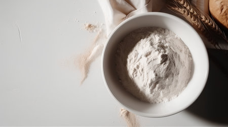 Wheat flour in a bowl on a white background with wheat earsの素材