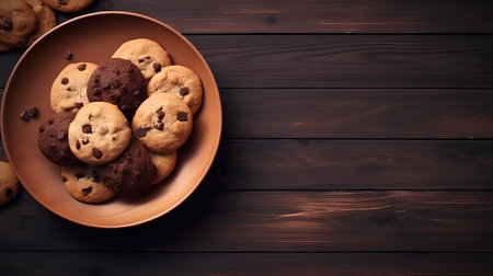 Chocolate chip cookies on brown plate over wooden table. Top view with copy spaceの素材