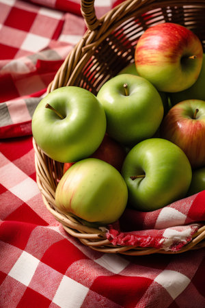 Green and red apples in a basket on checkered tableclothの素材