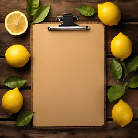 Clipboard with lemons and lemons on a wooden backgroundの素材