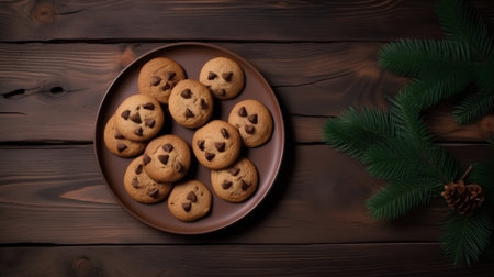 Chocolate chip cookies on a brown plate on a dark wooden backgroundの素材