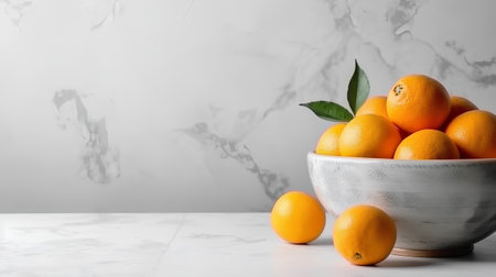 Oranges in a bowl on a white marble table with a marble backgroundの素材