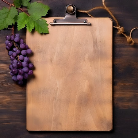 Wooden clipboard with grapes on a wooden background. Top view.の素材