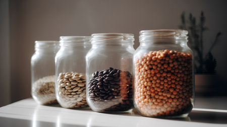 Different types of beans in glass jars on the table. Selective focus.の素材