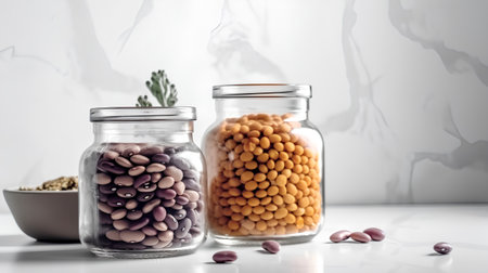 collection of legumes in glass jars on white table and marble backgroundの素材
