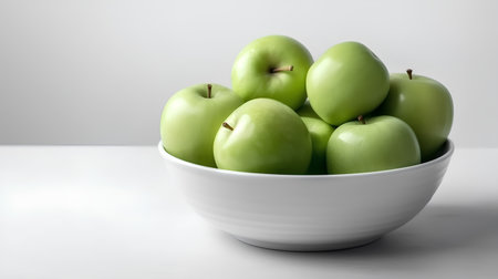 Green apples in a white bowl on a white table and gray backgroundの素材