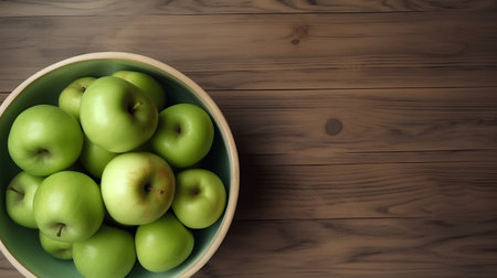 Green apples in a bowl on a wooden background with space for textの素材