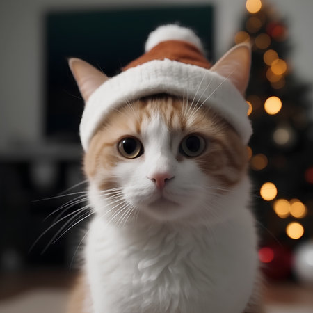 Portrait of a cat in a Santa Claus hat on the background of a Christmas treeの素材