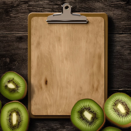 Wooden board with kiwi fruit on old wooden background.の素材