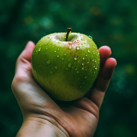 Green apple with drops of dew in the hands of a girl.の素材