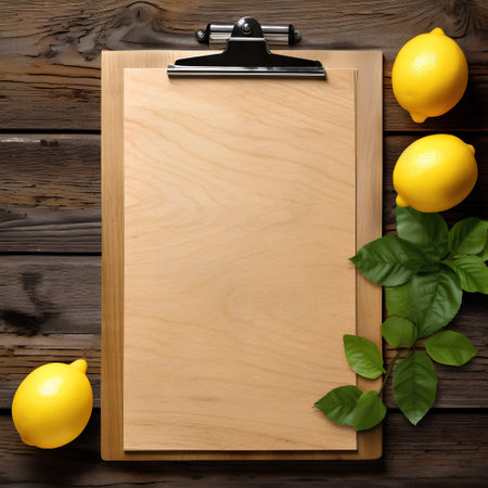 Wooden clipboard with blank sheet of paper and lemons on wooden backgroundの素材