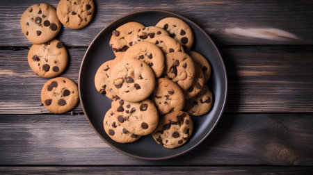 Chocolate chip cookies on a plate on wooden background. Toned.の素材