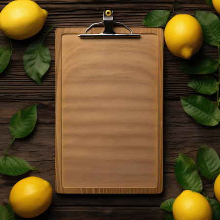 Wooden clipboard with lemons and leaves on a wooden background.の素材