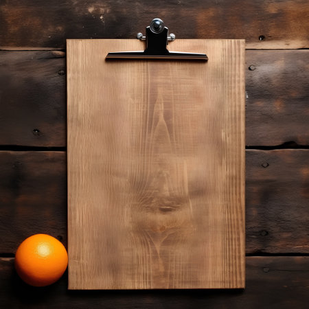 Wooden cutting board and orange on old wooden background. Top viewの素材