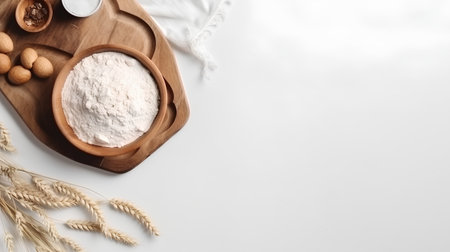 Wheat and flour on a white background, top view, copy spaceの素材