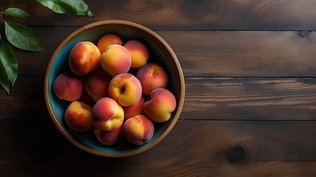 Fresh peaches in a bowl on wooden table. Top view.の素材