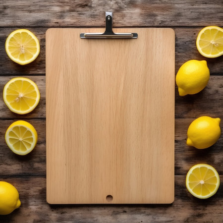 Wooden cutting board with lemons and lemon slices on wooden backgroundの素材
