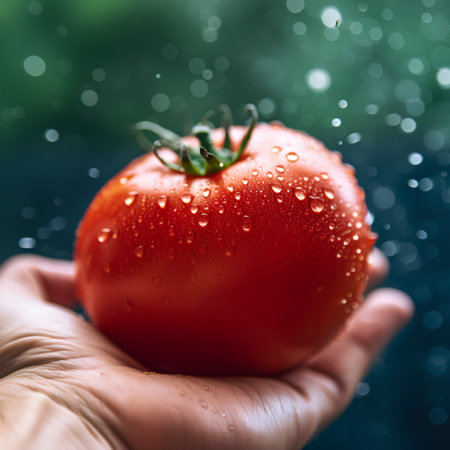 Fresh tomato in hand with drops of water. Close-up.の素材
