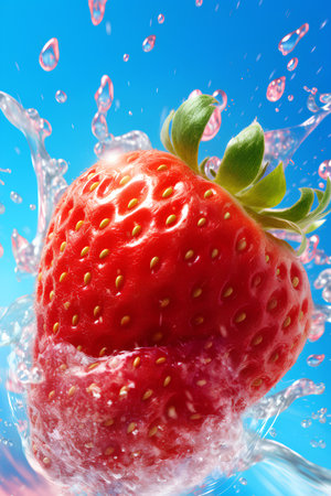 Strawberry in water splashes on blue background. 3d illustrationの素材