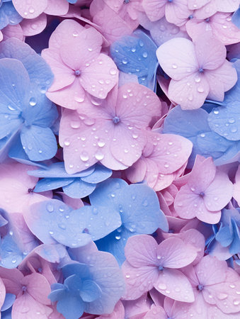Blue and pink hydrangea flowers with dew drops. Floral background.の素材