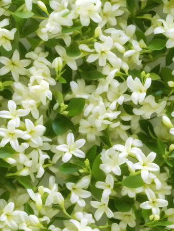 White jasmine flowers background. Top view. Flat lay.の素材