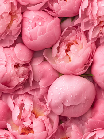 Pink peony flowers background with water drops. Flat lay, top viewの素材