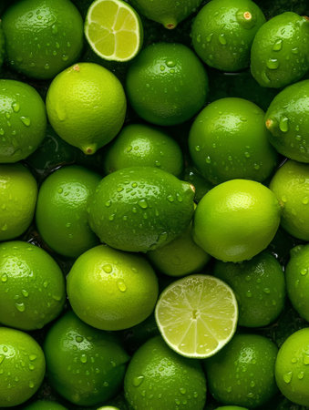 Fresh limes with water drops. Top view. Background texture.の素材