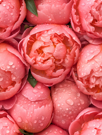 Beautiful pink peony flowers with water drops as background, top viewの素材